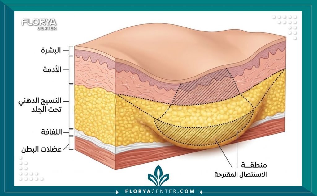 رسم توضيحي طبي مفصل لطبقات الجلد يوضح آلية استئصال الأنسجة الشحمية المتبقية والتخلص من طيات الجلد.