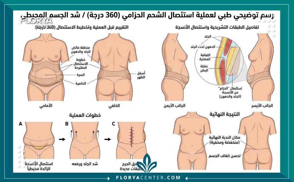 رسم توضيحي طبي لخطوات عملية شد الحزام الدائري 360 درجة لقص الجلد الزائد من البطن والظهر.