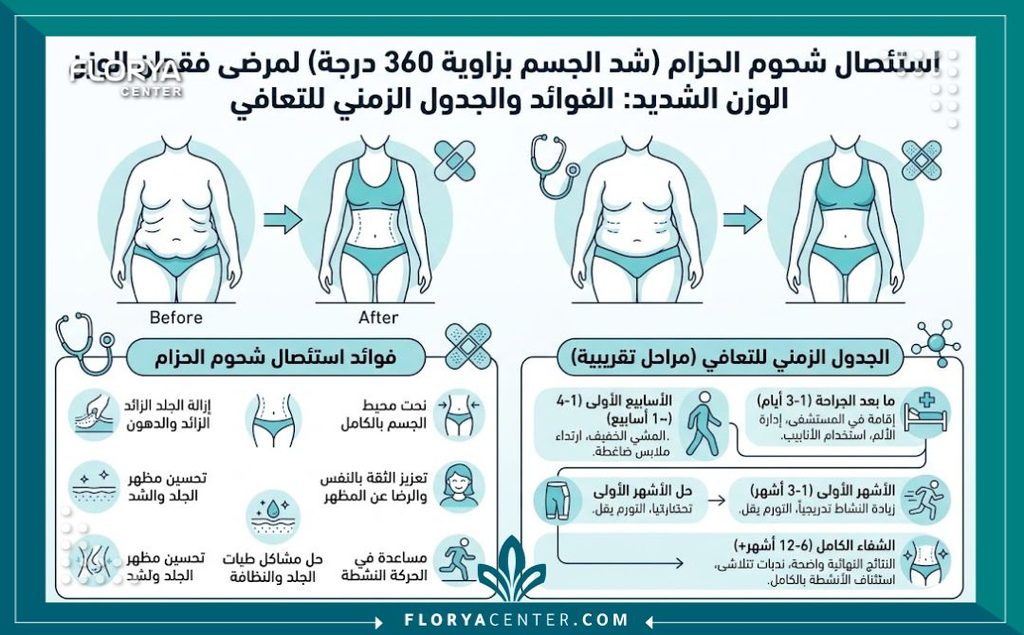 إنفوجرافيك يوضح مراحل التعافي وفوائد جراحة استئصال الشحم والجلد الدائري لمرضى السمنة السابقين.