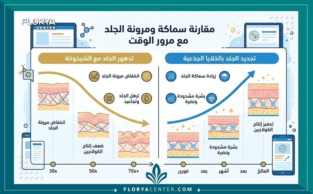 إنفوجرافيك يقارن مستويات مرونة وسماكة البشرة قبل وبعد جلسات حقن الخلايا الجذعية لشد الوجه.