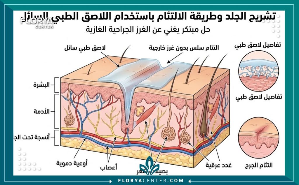 رسم توضيحي طبي لطبقات الجلد يشرح آلية عمل الغراء الطبي الحيوي في إغلاق الجروح الجراحية.