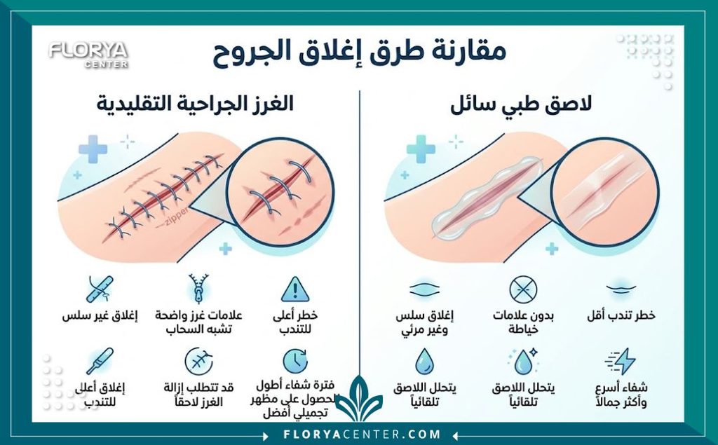 إنفوجرافيك يقارن بين الخياطة التقليدية واستخدام الغراء الطبي الحيوي لتجنب علامات سحاب الخياطة.