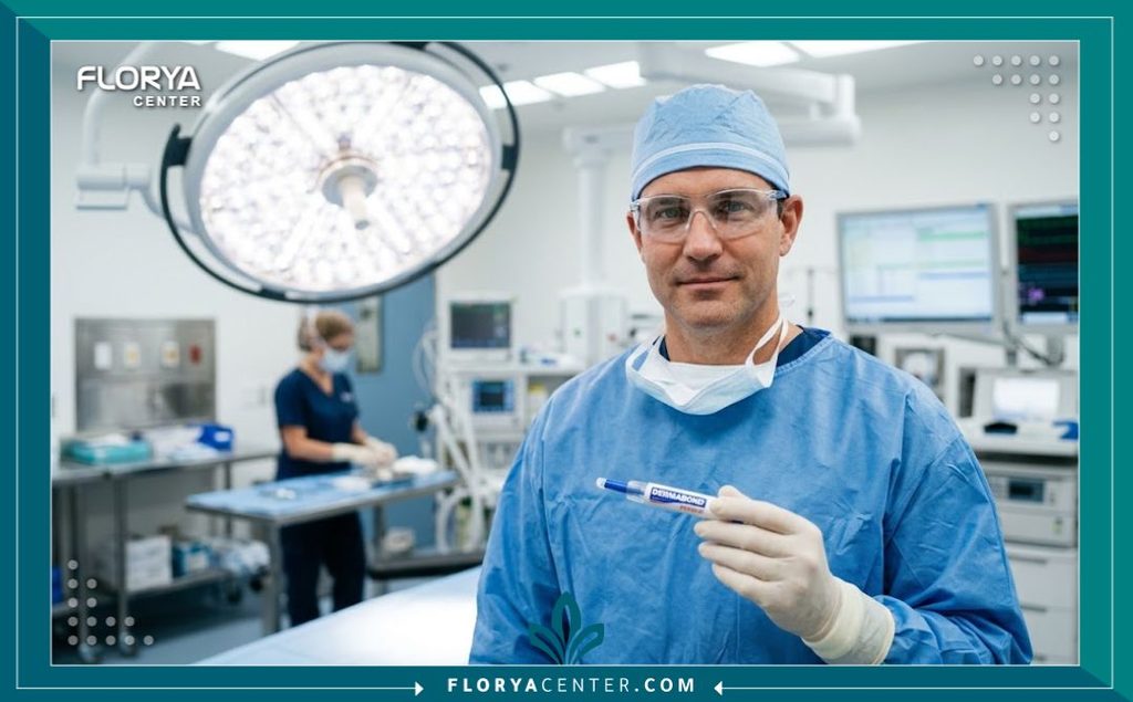 جراح تجميل داخل غرفة عمليات حديثة مجهزة يحمل أداة تطبيق الغراء الطبي لإغلاق الجروح.