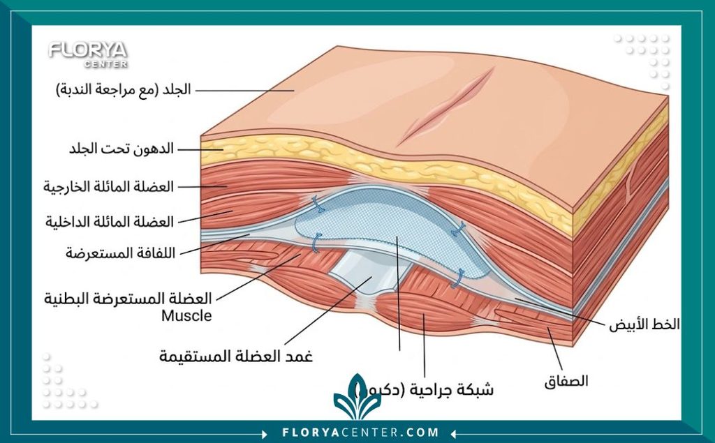 استخدام شبكات الداكرون (Dacron Mesh) في ترميم البطن 2 رسم توضيحي طبي تشريحي لطبقات جدار البطن يوضح كيفية تركيب شبكات الداكرون تحت الجلد لتقوية العضلات وتعديل الندبات.