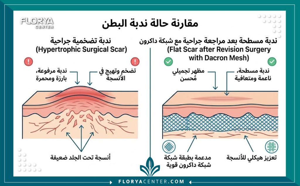 إنفوجرافيك يقارن بين شكل الندبات الجراحية التضخمية قبل العملية وبعد عملية تعديل الندبة وترميم البطن بشبكة الداكرون.