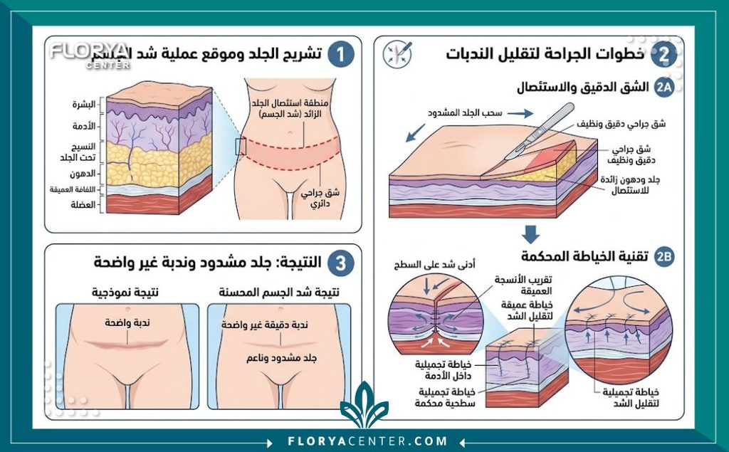 رسم توضيحي طبي لطبقات الجلد يوضح تقنيات الجراحة الدقيقة والخياطة التجميلية لتقليل الندبات مع افضل دكتور لشد الترهلات.
