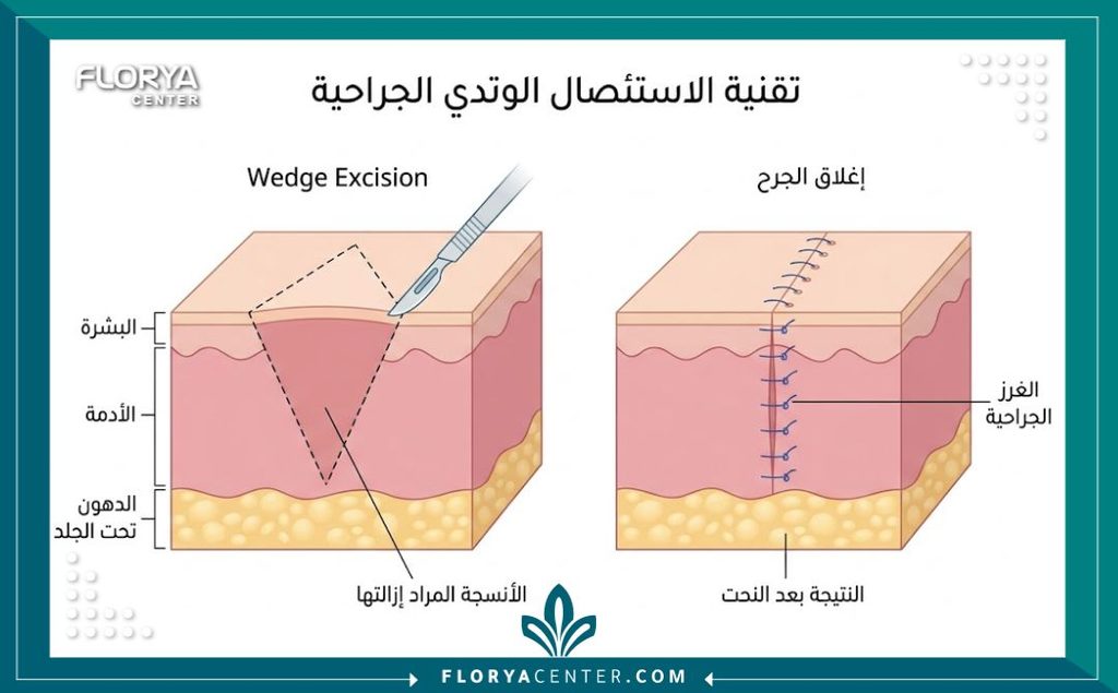 رسم توضيحي طبي لتقنية الاستئصال الإسفيني يوضح كيفية قص الجلد الزائد بشكل حرف V.