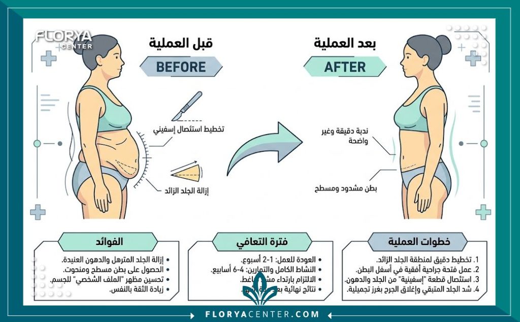 إنفوجرافيك يشرح خطوات وفوائد عملية الاستئصال الإسفيني للجلد المترهل لشد ونحت المنحنيات.