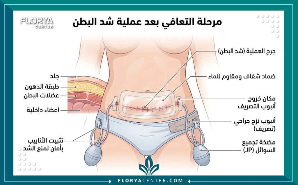 رسم توضيحي طبي لمنطقة البطن يوضح كيفية تغطية الجرح وتأمين الدرنقة بضمادات مقاومة للماء أثناء الاستحمام بعد عملية شد البطن.