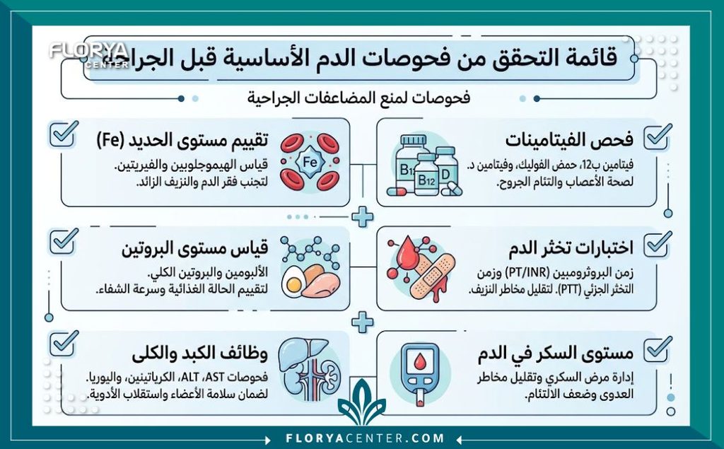 الاستعدادات الطبية قبل عملية شد الجسم بعد التكميم 3 إنفوجرافيك يوضح الفحوصات والتحاليل الضرورية مثل نسبة الحديد والفيتامينات والبروتين قبل إجراء عملية شد الترهلات لمرضى التكميم لتجنب المضاعفات.