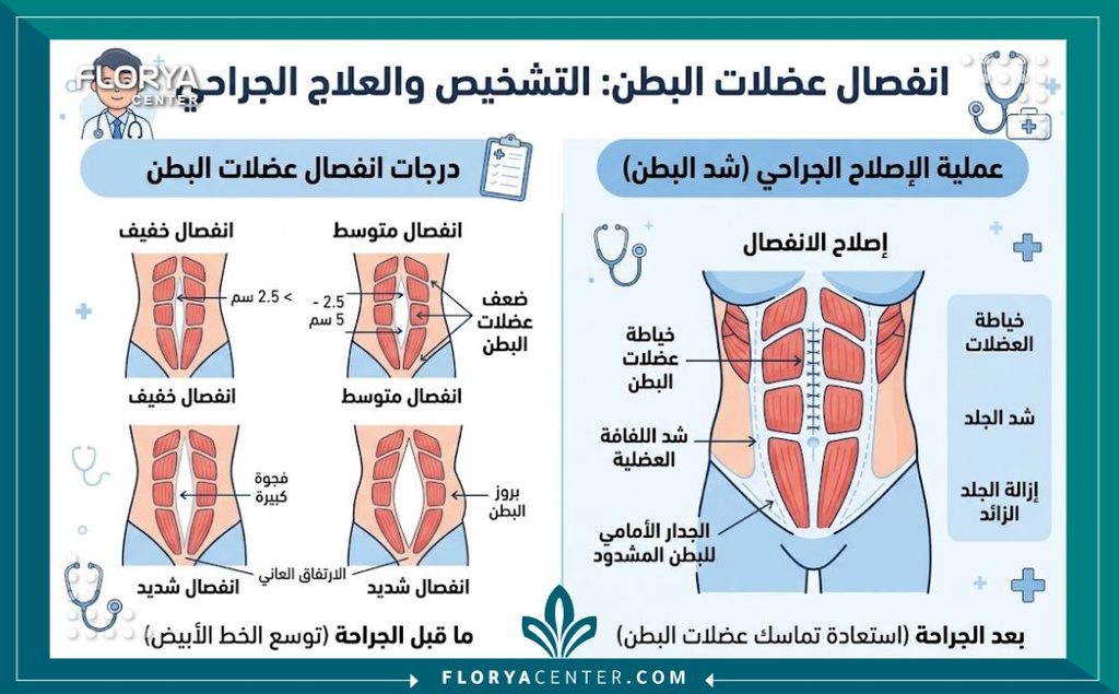 الانفصال العضلي 3 إنفوجرافيك يوضح درجات الانفصال العضلي وخطوات تصليحه جراحياً مع عملية شد البطن.