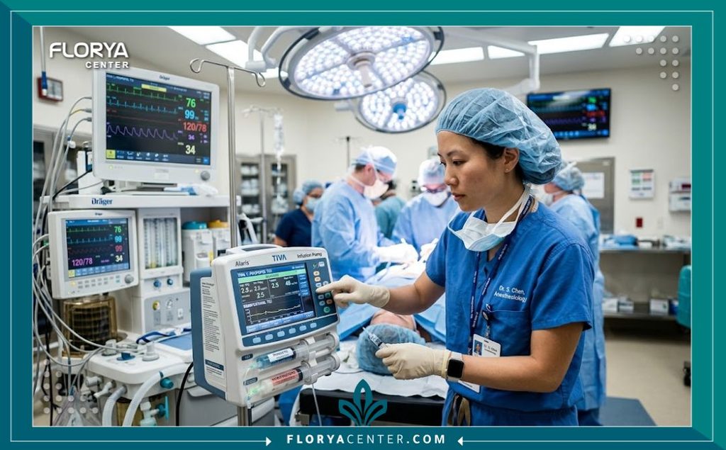 طبيب تخدير خبير يراقب بدقة مضخة التخدير الوريدي العميق TIVA داخل غرفة عمليات حديثة لضمان سلامة المريض.