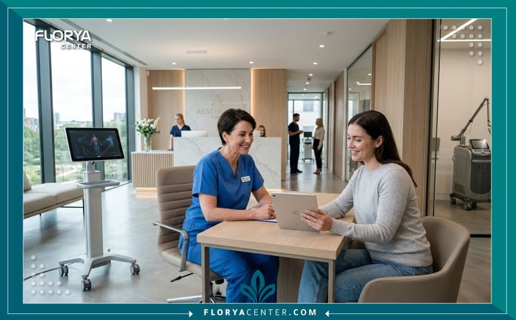 استشارة طبية مع جراح تجميل متخصص في عيادة متطورة قبل إجراء جراحة التخلص من ثنيات الجلد المتدلية.