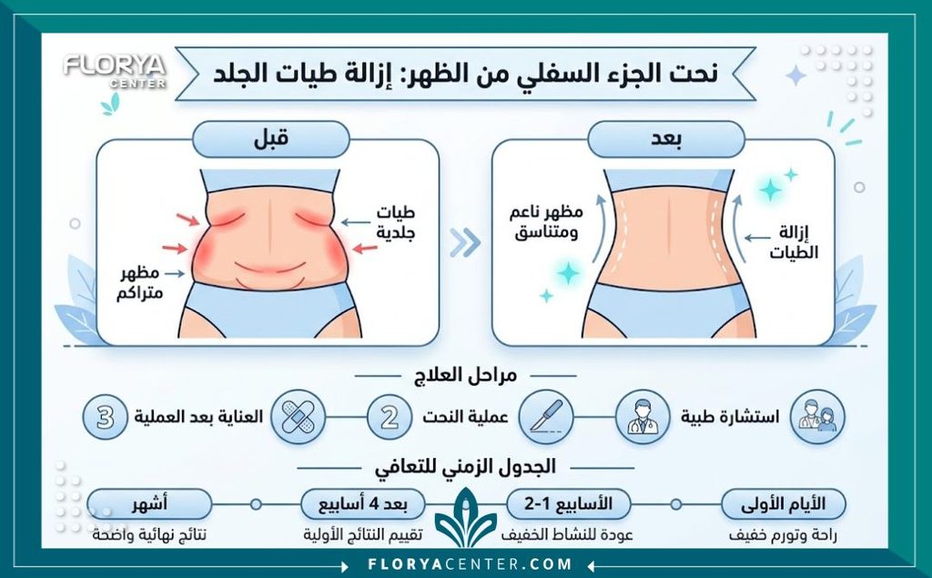 التخلص من جيوب الجلد في أسفل الظهر 3 إنفوجرافيك يشرح خطوات عملية إزالة ترهلات أسفل الظهر ومراحل التعافي للحصول على قوام مثالي.