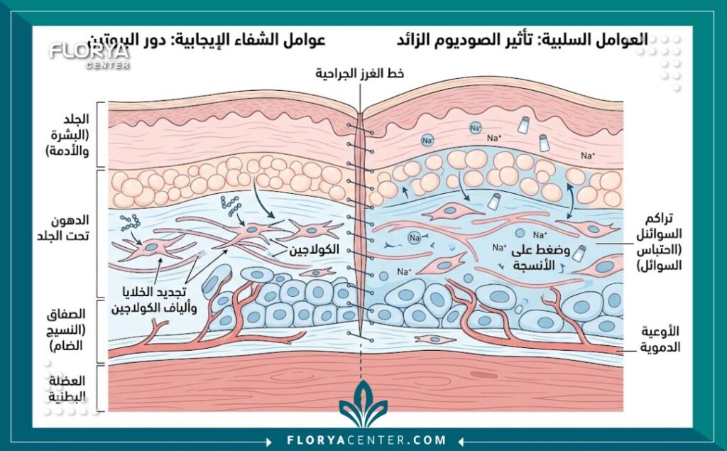 التغذية بعد عملية شد البطن 2 رسم توضيحي طبي يشرح أهمية التغذية بعد عملية شد البطن ودور البروتين في التئام الأنسجة وتقليل التورم.