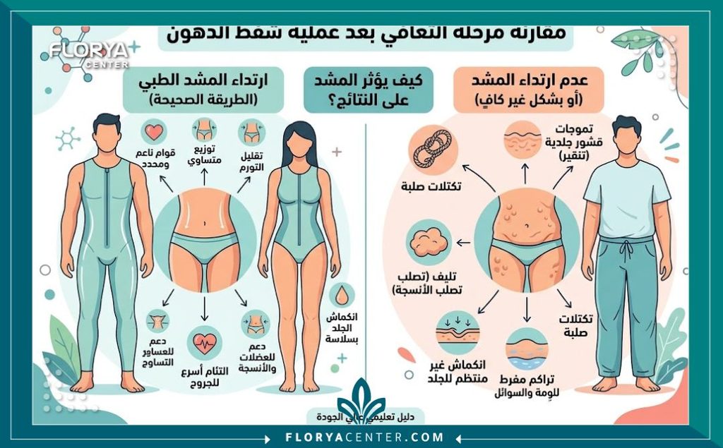 إنفوجرافيك يقارن بين أهمية ارتداء المشد الطبي لتجنب التليف بعد شفط الدهون وبين مضاعفات إهماله مثل الحفر والتحجر.