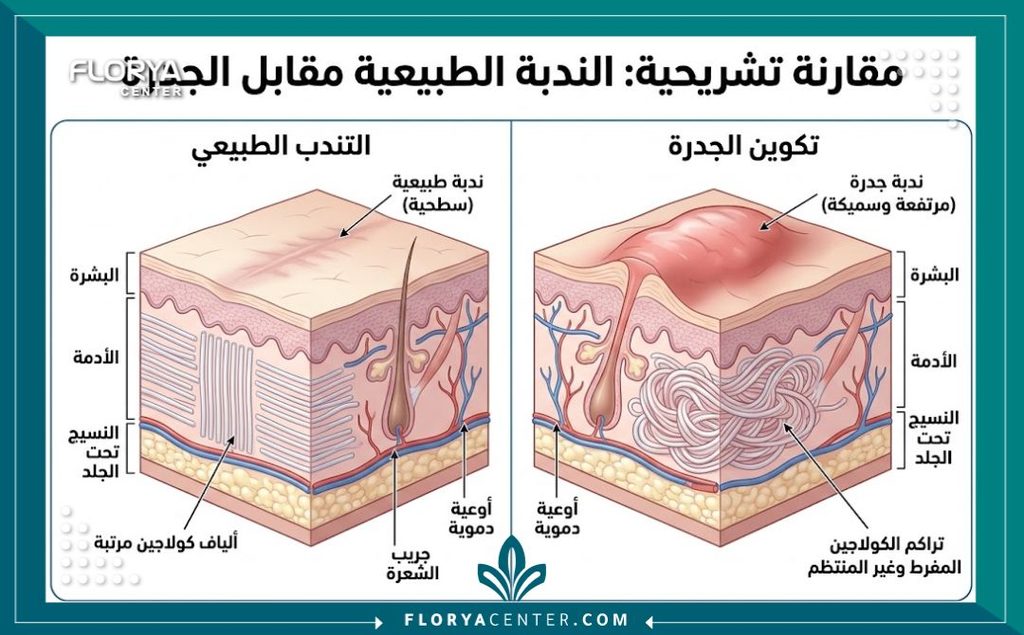 رسم توضيحي طبي لطبقات الجلد يوضح تشريح التندب الجدراني وتراكم الكولاجين المسبب للندبة اللحمية.