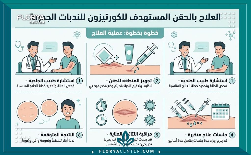 إنفوجرافيك يوضح خطوات علاج التندب الجدراني الفعال باستخدام حقن الكورتيزون الموضعية لتسطيح الجلد.