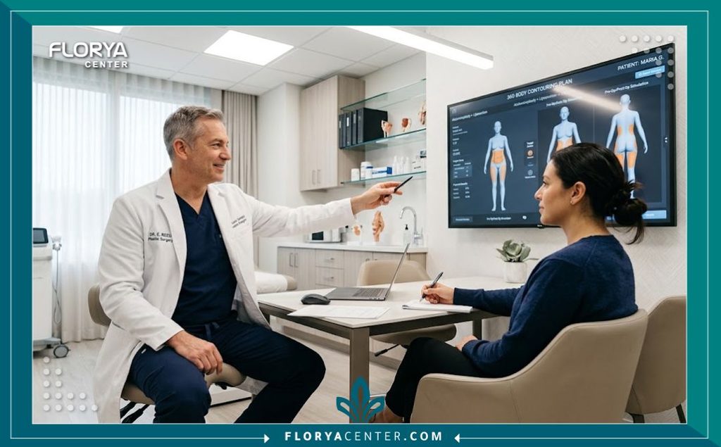 استشارة طبية مع جراح تجميل متخصص في غرفة العيادة للتحضير لعملية الحزام الدائري لشد الجسم.