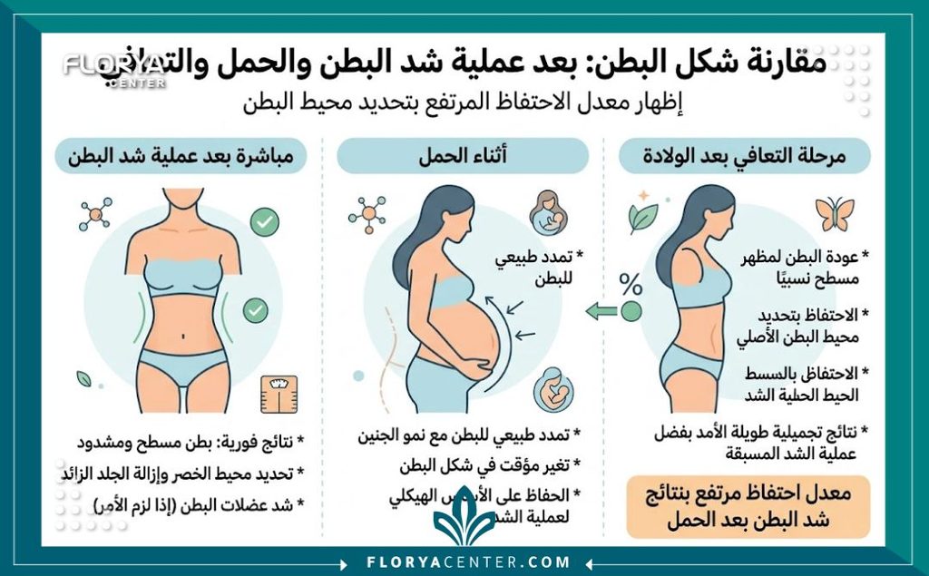 الحمل بعد عملية شد البطن 3 إنفوجرافيك مقارنة يوضح مدى استمرار نتائج تجميل البطن ومدى تأثر شكل البطن بعد الحمل والولادة اللاحقة لعملية الشد.