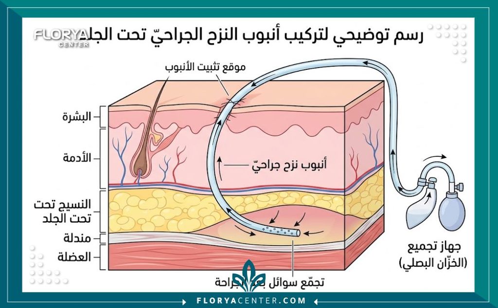 الدرنقة بعد العملية 2 رسم توضيحي طبي مبسط يبين كيفية تركيب أنبوب الدرنقة تحت الجلد لتصريف السوائل بعد الجراحة بشكل آمن.