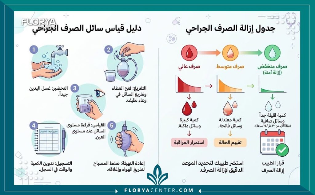 الدرنقة بعد العملية 3 إنفوجرافيك يشرح خطوات قياس السائل في الدرنقة بعد العملية وعلامات تناقص الإفرازات التي تحدد متى يتم إزالة الأنبوب الجراحي.
