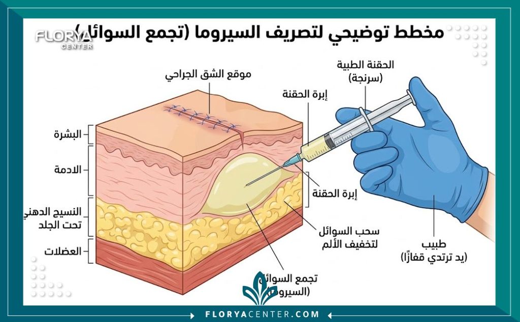 السيروما بعد العمليات 2 رسم توضيحي طبي يوضح تكون السيروما تحت الجلد وطريقة سحب تجمع المصل بالإبرة الطبية.