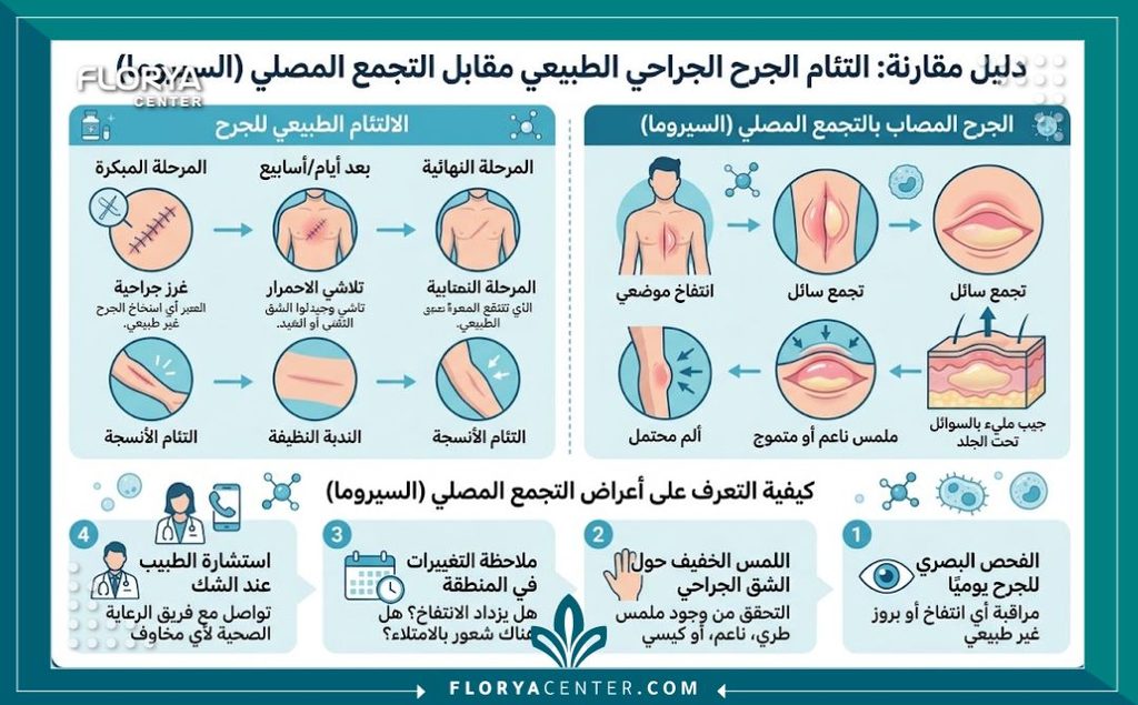 السيروما بعد العمليات 3 إنفوجرافيك يقارن بين التئام الجرح الطبيعي وأعراض تجمع السوائل والسيروما بعد العمليات.