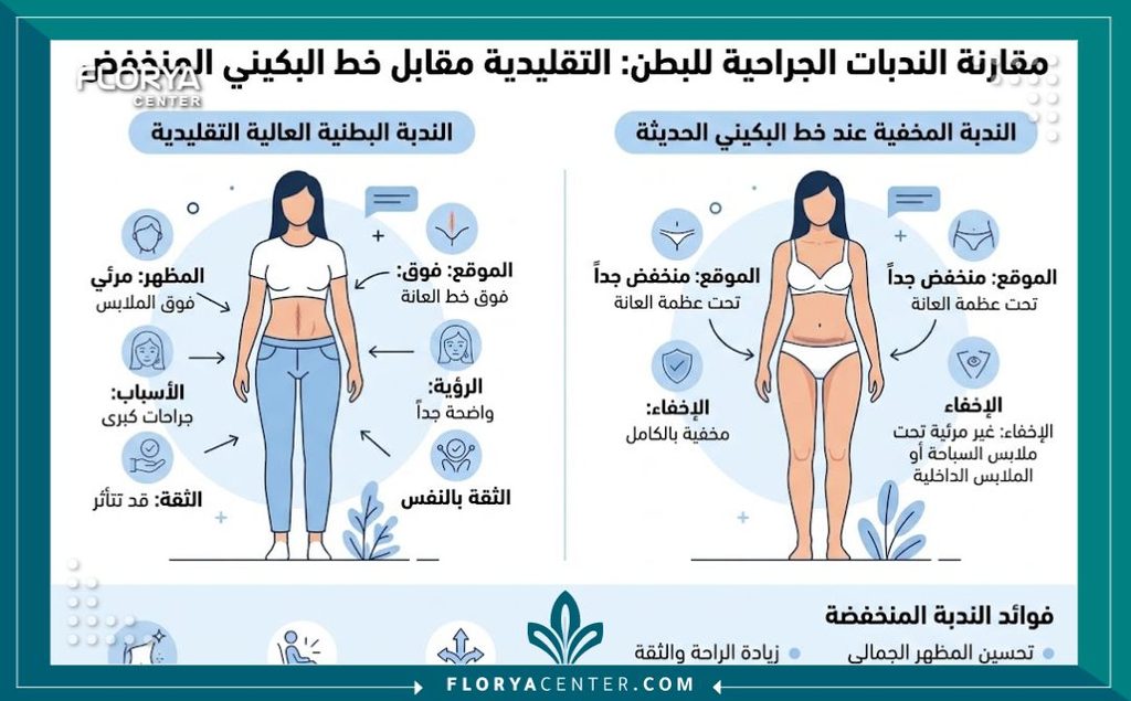 إنفوجرافيك يقارن بين أنواع ندبات شد البطن ويوضح الميزة التجميلية لموقع الشق الجراحي المخفي في خط البكيني أسفل الملابس.