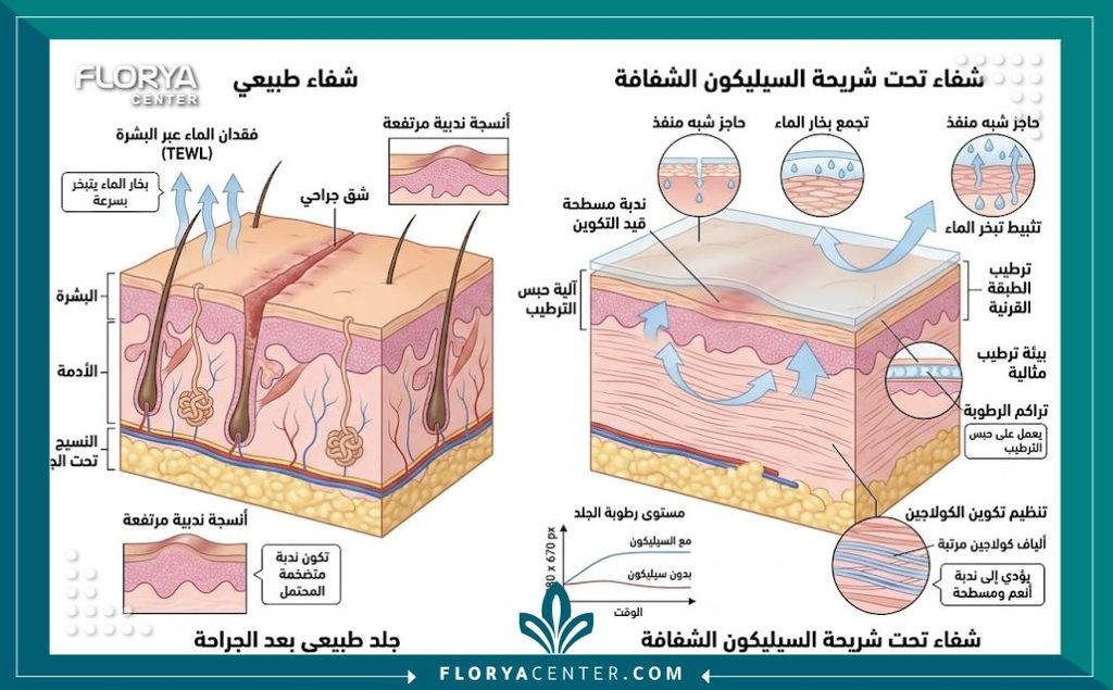 رسم توضيحي طبي لطبقات الجلد يوضح آلية عمل لصقات السيليكون في ترطيب وتسطيح ندبات عملية الشد.