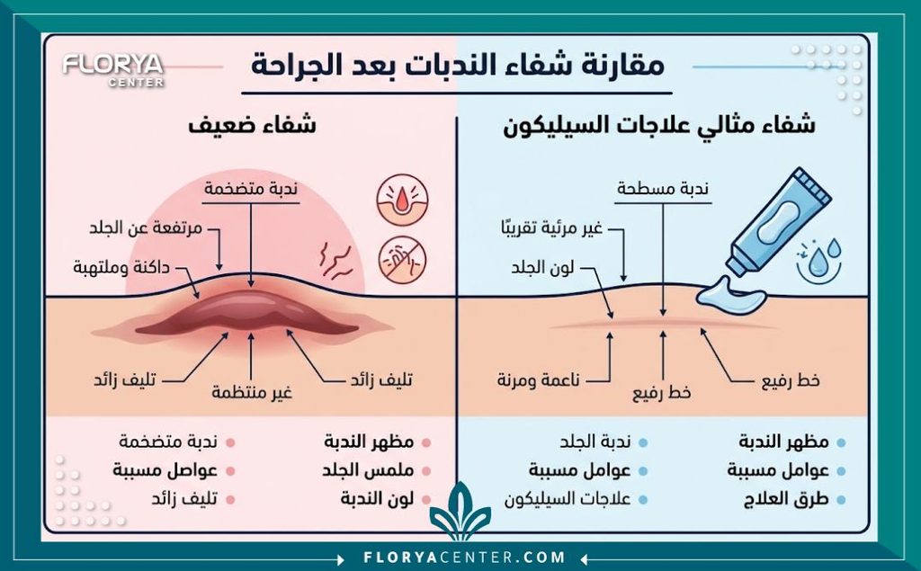 إنفوجرافيك يقارن بين التئام جروح عملية الشد بشكل سيء والالتئام المثالي عند استخدام كريمات السيليكون لمنع توسع الجرح واسمراره.