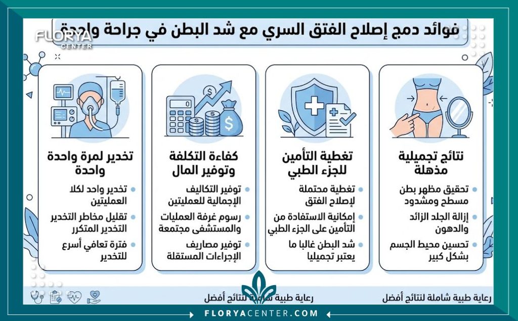إنفوجرافيك يوضح مميزات دمج عملية الفتق السري مع شد البطن في إجراء واحد وتخدير واحد وتوفير التكاليف.