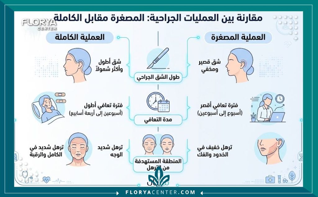 إنفوجرافيك يقارن بين عملية شد البطن المصغر والكامل من حيث طول الجرح، فترة التعافي، وشكل الترهلات.