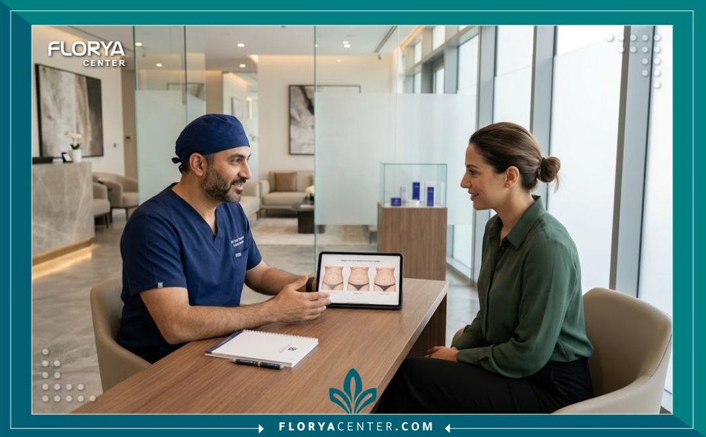 طبيب جراحة تجميل يشرح للمريضة درجات ترهل البطن لتحديد نوع عملية الشد المناسبة في عيادة مجهزة.