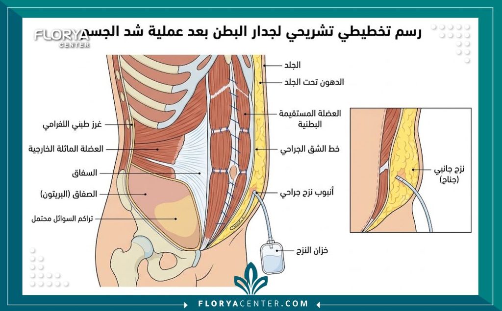 رسم توضيحي طبي يوضح أماكن العقد الجراحية وموقع أنابيب الدرنقة المسببة لحالة ألم الجنب بعد عملية الشد.