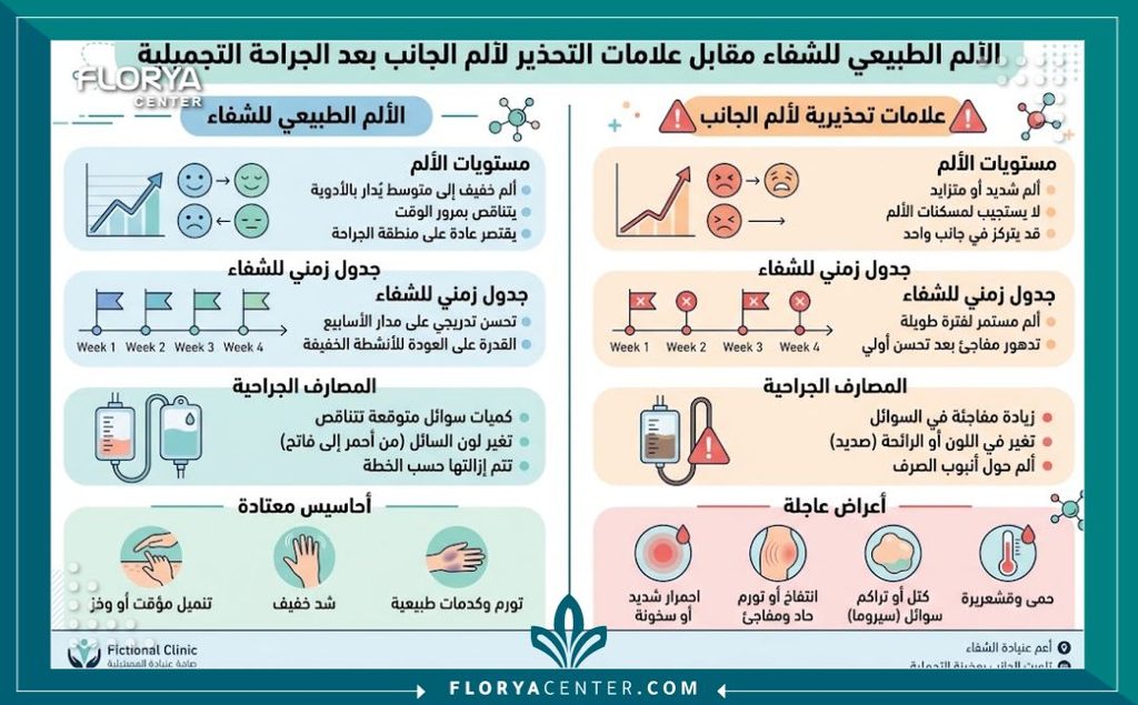 إنفوجرافيك يشرح الفرق بين الم في الجنب بعد عملية الشد الطبيعي في الجنب  وعلامات الخطر التي تستدعي الطبيب.