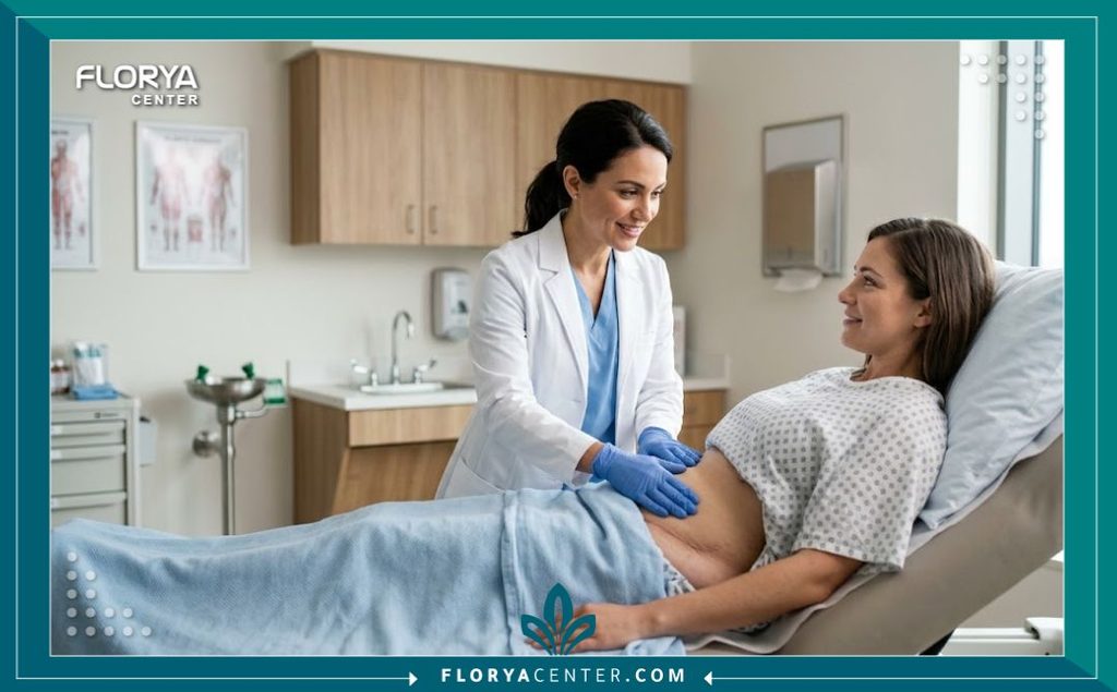 طبيبة جراحة تجميل تفحص منطقة الجنب للمريض بعد عملية الشد للتأكد من سلامة الدرنقة ومسار التعافي.