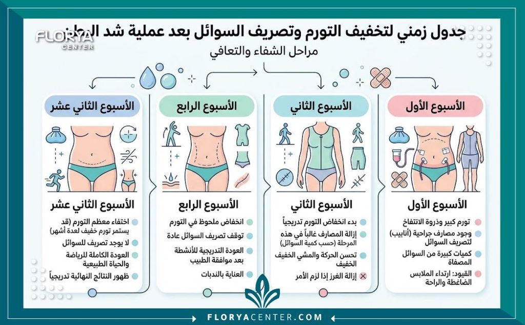 انتفاخ العانة بعد عملية شد البطن 3 إنفوجرافيك يوضح مراحل التعافي التدريجي وتصريف تورم العانة بعد عملية شد البطن بالأسابيع.