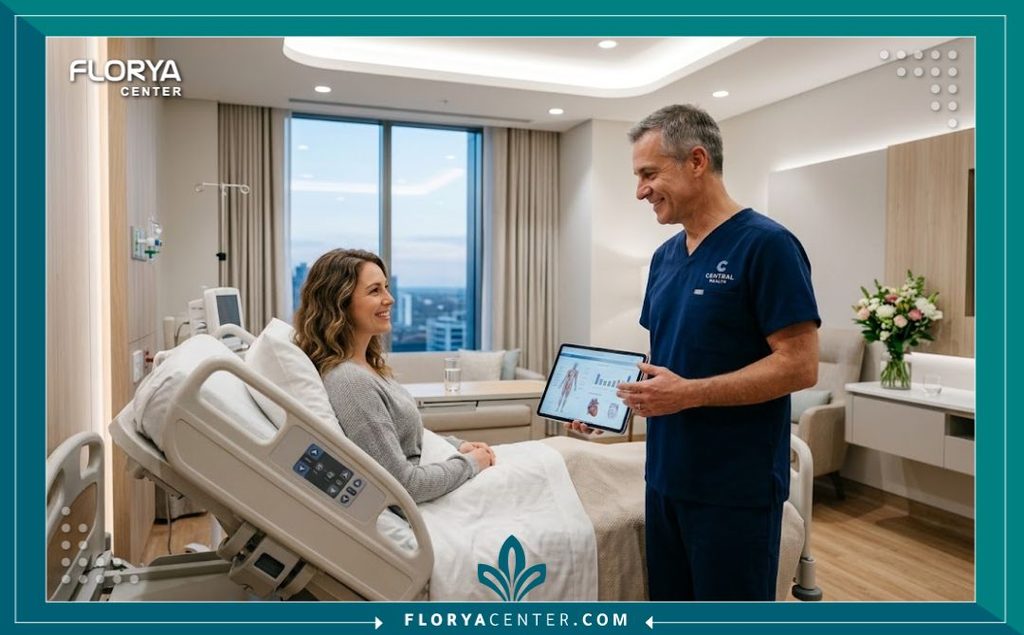 استشارة طبية مع جراح تجميل داخل غرفة مستشفى فخمة ضمن باقة المامي ميك أوفر الشاملة.