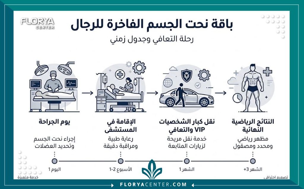 إنفوجرافيك يوضح مميزات ومراحل التعافي ضمن باقة شد الجسم للرجال وتكلفة عملية التثدي وشد البطن.