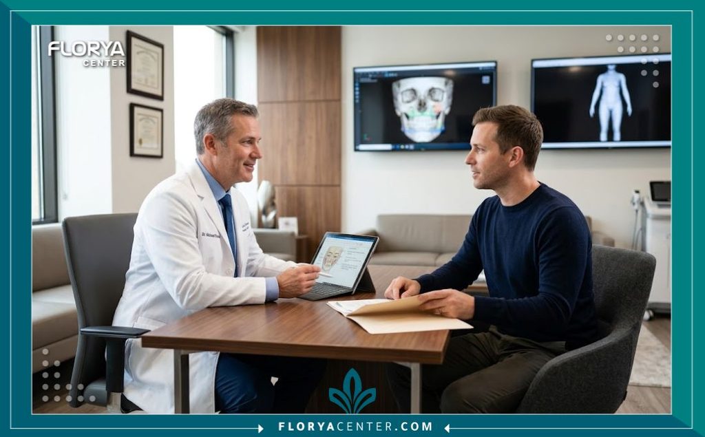 طبيب جراحة تجميل يناقش خطة عملية شد الجسم المزدوجة مع مريض داخل عيادة طبية فاخرة ومجهزة بأحدث التقنيات.