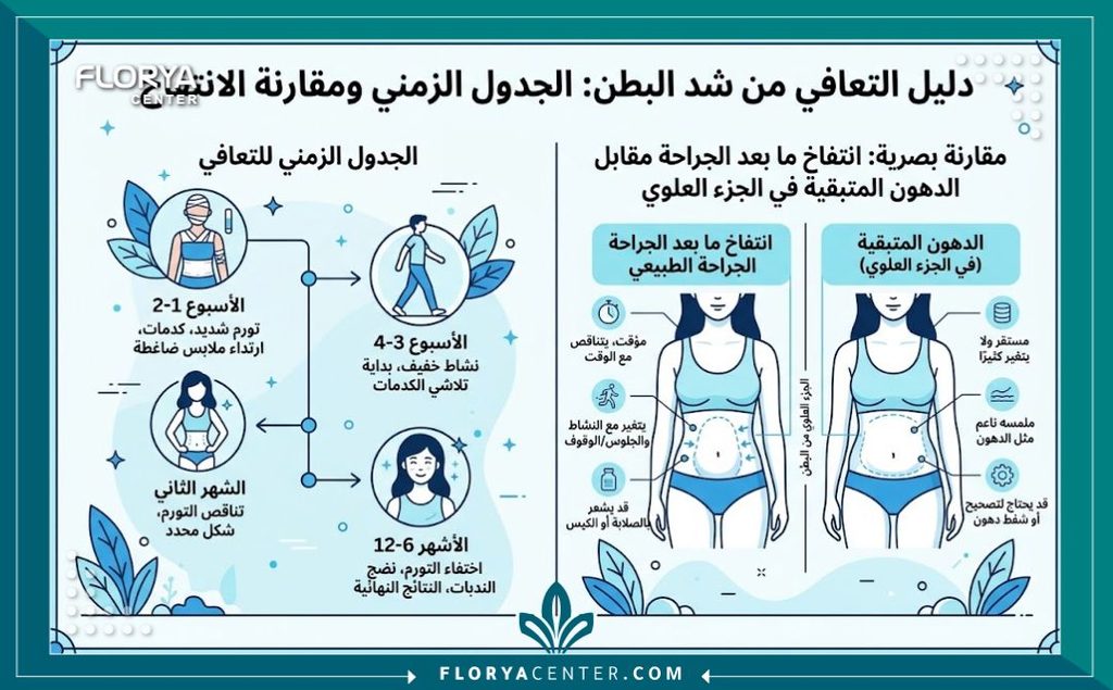 إنفوجرافيك يوضح الجدول الزمني للتعافي من التورم الطبيعي ومقارنته مع الدهون كسبب لبروز اعلى البطن بعد الشد.