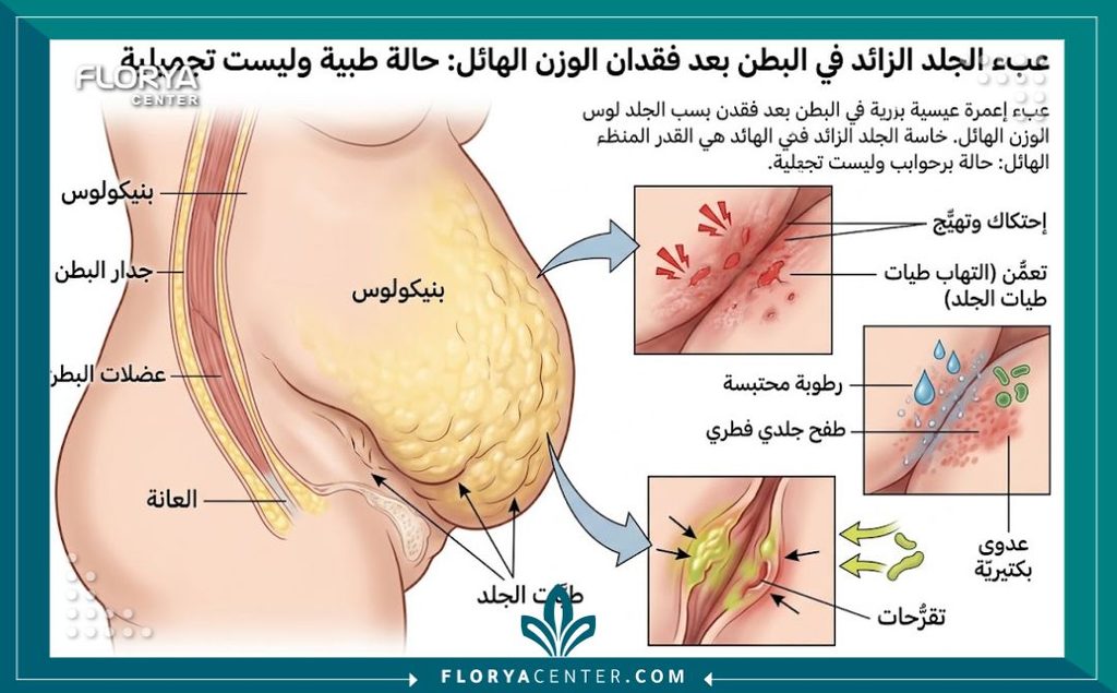 رسم توضيحي طبي يظهر التسلخات والتهابات ثنيات الجلد كمبرر علاجي لقبول التأمين لعملية الشد.