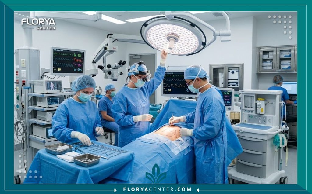 غرفة عمليات مجهزة بأحدث التقنيات الطبية لإجراء جراحات إزالة الترهلات وعلاج التسلخات.