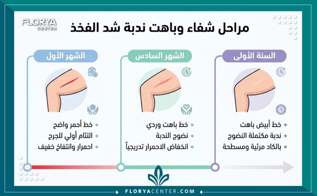 إنفوجرافيك يوضح مراحل شفاء وتلاشي تجارب إخفاء الجرح التجميلي بمرور الوقت بعد الجراحة التجميلية.