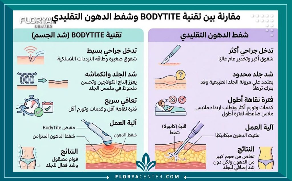 تجارب تقنية البودي تايت لشد الترهلات 3 إنفوجرافيك يقارن بين مميزات جهاز البودي تايت لشد الترهلات وعمليات شفط الدهون التقليدية.