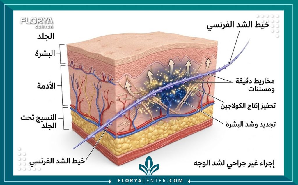 رسم توضيحي طبي ثلاثي الأبعاد يوضح آلية عمل الخيوط الفرنسية لشد ترهلات الجسم وتحفيز الكولاجين.