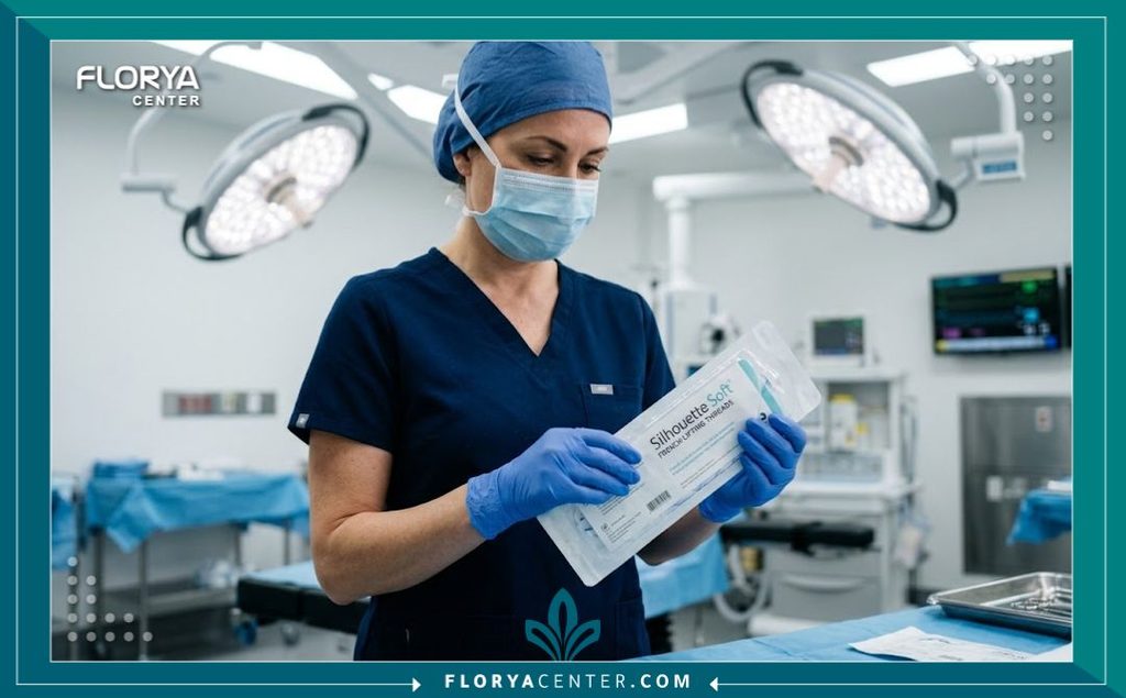 طبيب تجميل متخصص يجهز الخيوط الفرنسية داخل غرفة عمليات معقمة ومجهزة لشد الجسم.