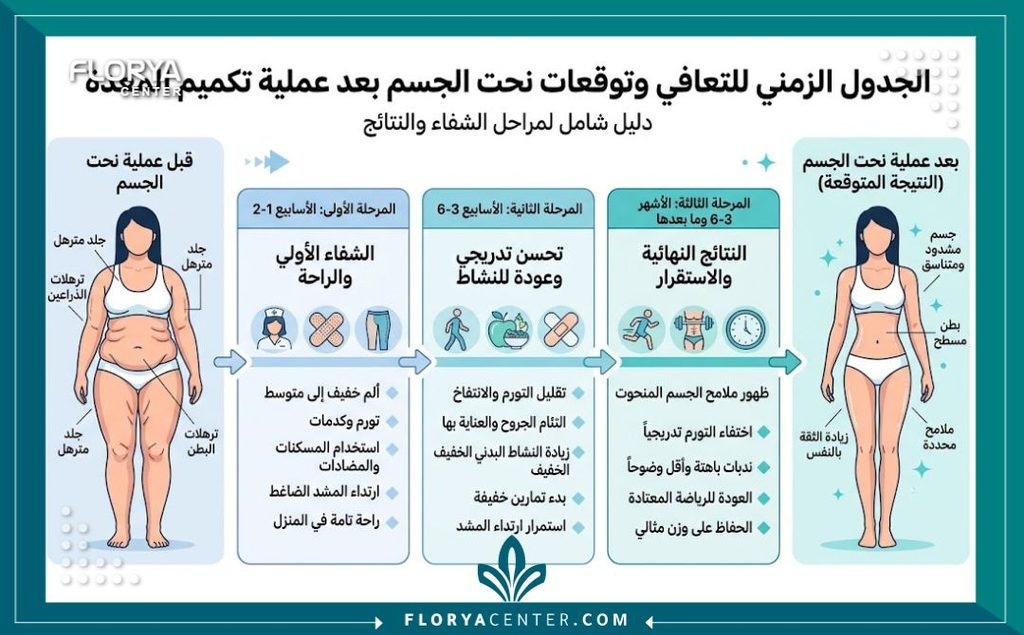 إنفوجرافيك يوضح مراحل التعافي والنتائج المتوقعة ضمن تجارب عمليات شد الجسم بعد التكميم بالصور.