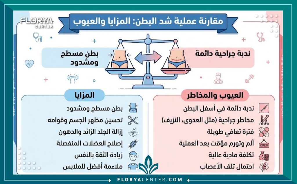 إنفوجرافيك يقارن بين مميزات التخلص من الترهلات وعيوب ندبة شد البطن لمساعدتك في اتخاذ القرار وتجنب الندم.